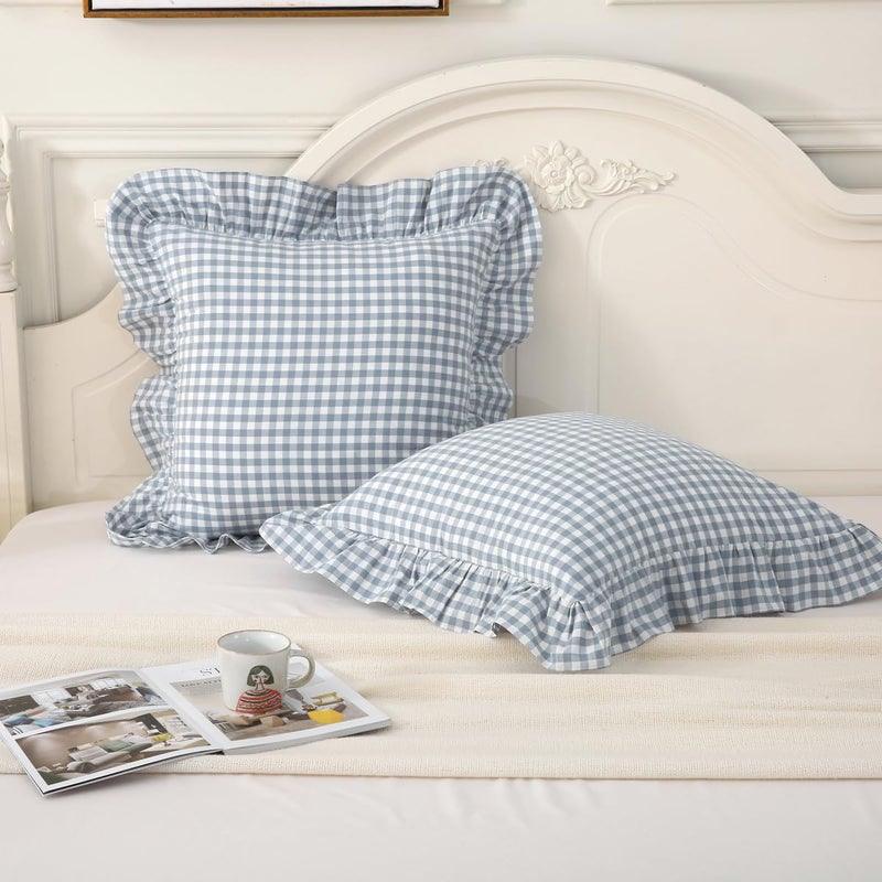 Silnuo Dusty Blue Plaid Ruffle Throw Pillow Covers Set of 2,Washed Cotton Shabby Checkered Gingham Pillow Shams Decorative Shams for Sofa,Couch,Liviing Room-20"x20" - Image 1