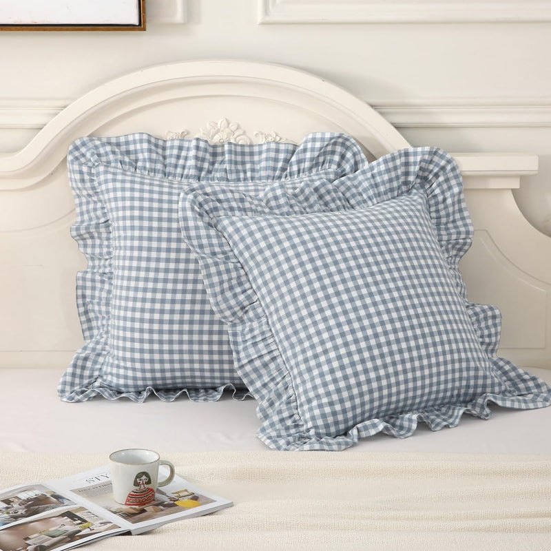 Silnuo Dusty Blue Plaid Ruffle Throw Pillow Covers Set of 2,Washed Cotton Shabby Checkered Gingham Pillow Shams Decorative Shams for Sofa,Couch,Liviing Room-20"x20" - Image 2