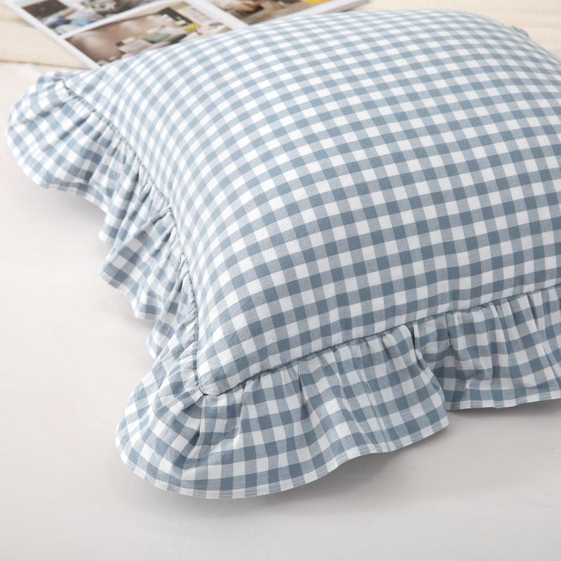 Silnuo Dusty Blue Plaid Ruffle Throw Pillow Covers Set of 2,Washed Cotton Shabby Checkered Gingham Pillow Shams Decorative Shams for Sofa,Couch,Liviing Room-20"x20" - Image 5