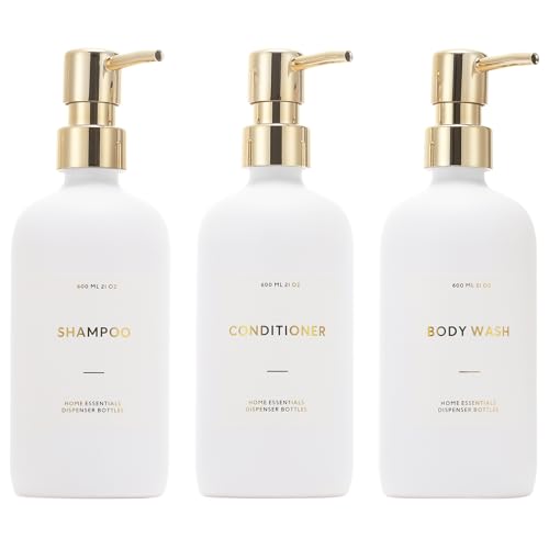 HOMCDALY Shampoo and Conditioner Dispenser, 21oz 3-Pack Refillable Pump Bottles, Shampoo Container, Empty Pump Bottle, Bathroom Shower Dispenser（21oz-White&Gold） - Image 1