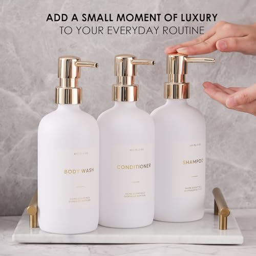 HOMCDALY Shampoo and Conditioner Dispenser, 21oz 3-Pack Refillable Pump Bottles, Shampoo Container, Empty Pump Bottle, Bathroom Shower Dispenser（21oz-White&Gold） - Image 3