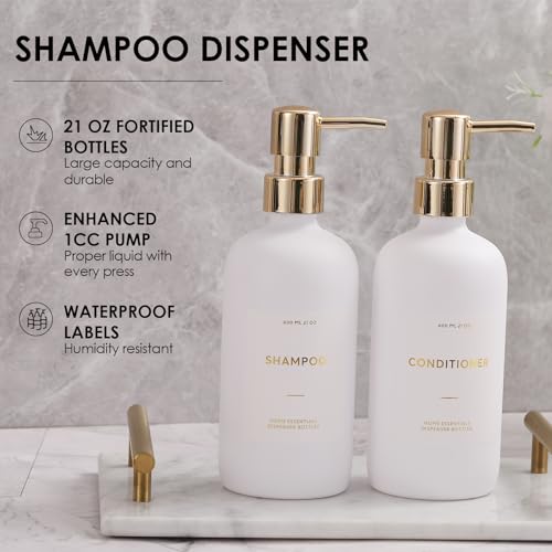 HOMCDALY Shampoo and Conditioner Dispenser, 21oz 3-Pack Refillable Pump Bottles, Shampoo Container, Empty Pump Bottle, Bathroom Shower Dispenser（21oz-White&Gold） - Image 4