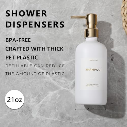 HOMCDALY Shampoo and Conditioner Dispenser, 21oz 3-Pack Refillable Pump Bottles, Shampoo Container, Empty Pump Bottle, Bathroom Shower Dispenser（21oz-White&Gold） - Image 2