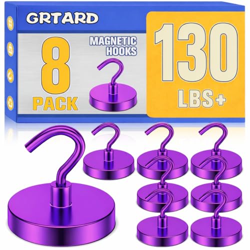 Grtard 130LBS Magnetic Hooks 8 Pack Strong Magnetic Hooks for Cruise Cabins Magnet Hooks Heavy Duty for Fridge Magnets with Hook for Hanging Grill Garage Cruise Ship Essentials Purple - Image 1