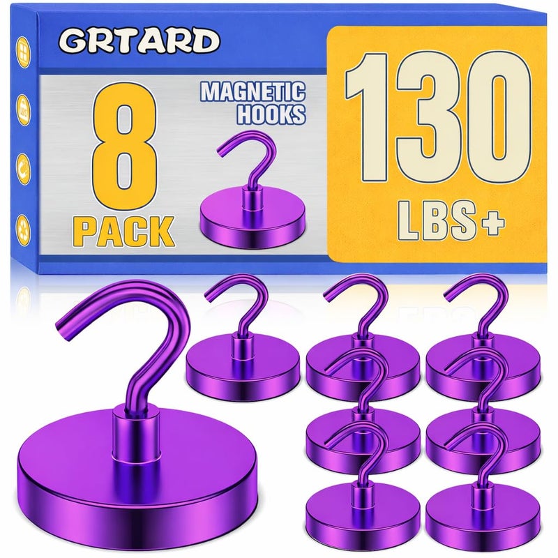 Grtard 130LBS Magnetic Hooks 8 Pack Strong Magnetic Hooks for Cruise Cabins Magnet Hooks Heavy Duty for Fridge Magnets with Hook for Hanging Grill Garage Cruise Ship Essentials Purple - Image 2