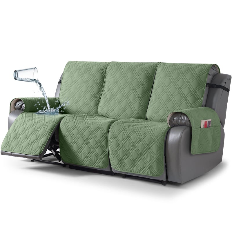 TAOCOCO 100 Waterproof Recliner Sofa Cover Non Slip Split Couch Covers for Reclining Couches with Elastic Strap Washable Reclining Sofa Cover Furniture Protector for Kids Pets3 Seater Bean Green - Image 2