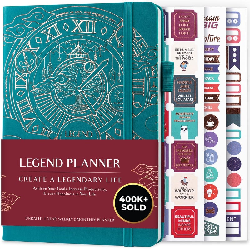 Legend Planner مخطط الأسطورة – مخطط الحياة الفاخر الأسبوعي والشهري لتحقيق أهدافك والعيش بسعادة. دفتر منظم ومجلة إنتاجية. غلاف صلب بحجم A5، غير مؤرخ – ابدأ في أي وقت + ملصقات – أخضر فيريديان - Image 1
