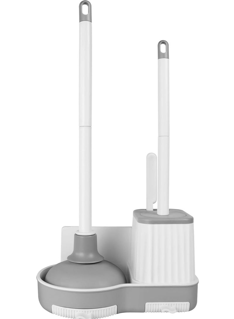 Toilet Brush and Plunger, 3 in 1 Toilet Bowl Brush and Holder with Crevice Cleaning Brush Wall Mounted Household Bathroom Cleaning Tools Combo Set(White-Gray) - Image 1