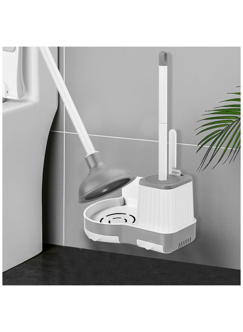 Toilet Brush and Plunger, 3 in 1 Toilet Bowl Brush and Holder with Crevice Cleaning Brush Wall Mounted Household Bathroom Cleaning Tools Combo Set(White-Gray) - Image 3