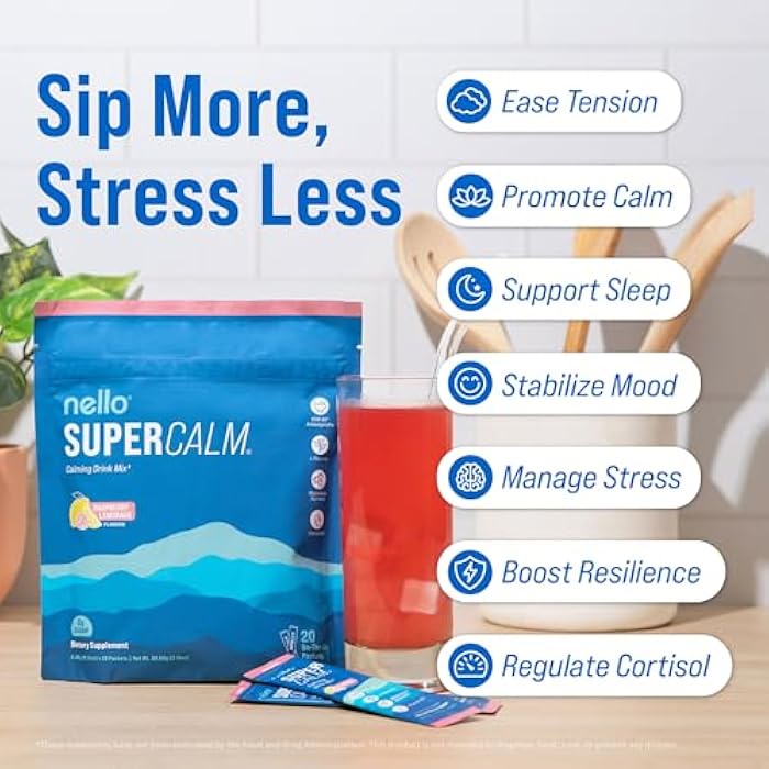 Nello Supercalm Powdered Drink Mix, Cortisol Reducer and Sleep Aid Supplement, L Theanine, Ksm-66 Ashwagandha, Magnesium Glycinate, Vitamin D 3, No Sugar, Non GMO, On The Go, 20 Ct, Raspberry Lemonade - Image 3