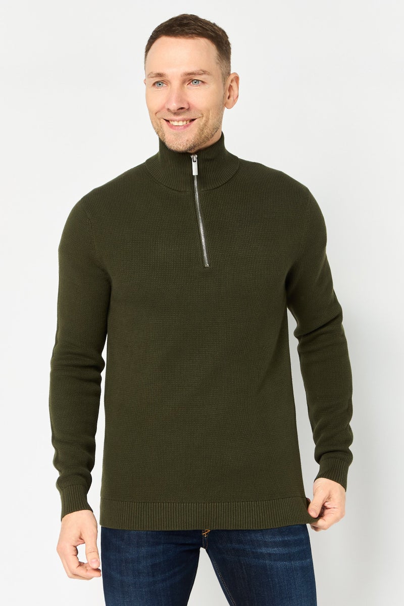 Selected Homme Men Mock Neck Knitted Sweater, Dark Olive - Image 1