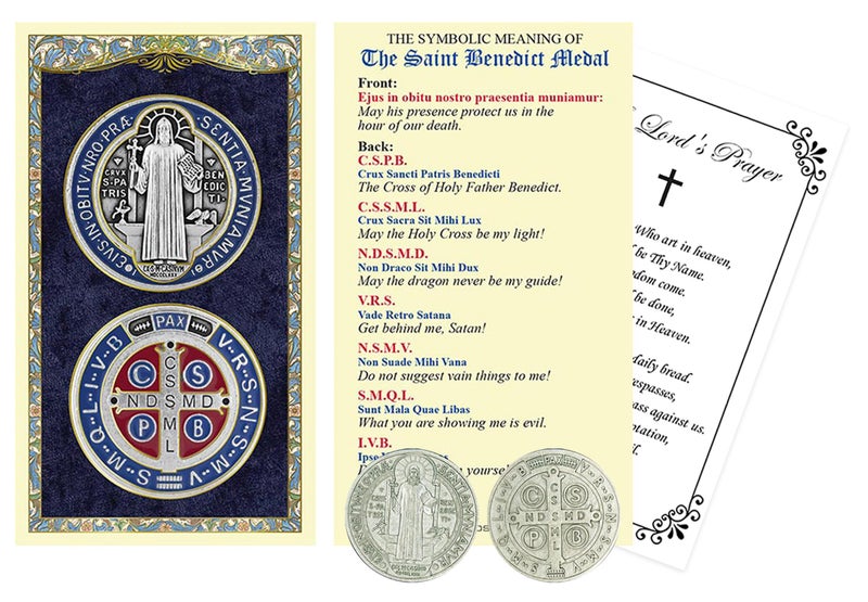 Trendzeen Saint Benedict Holy Card - Italian San Benito Medal Pocket Token, The Lord's Prayer - Laminated Prayer Card, Catholic Token - St Benedict of Nursia Themed Set - 3 Items - Image 1