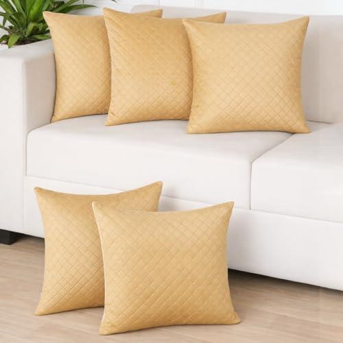STITCHNEST Quilted Velvet Cushion Covers Set of 5 | Soft Brown | 24x24 Inches | Premium Sofa & Living Room Décor - Image 1