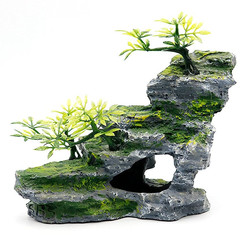 IBWell Aquarium Ornament, Mountain View Stone with Moss Tree Rock Cave Landscape Artificial Fish Tank Decoration - Image 1