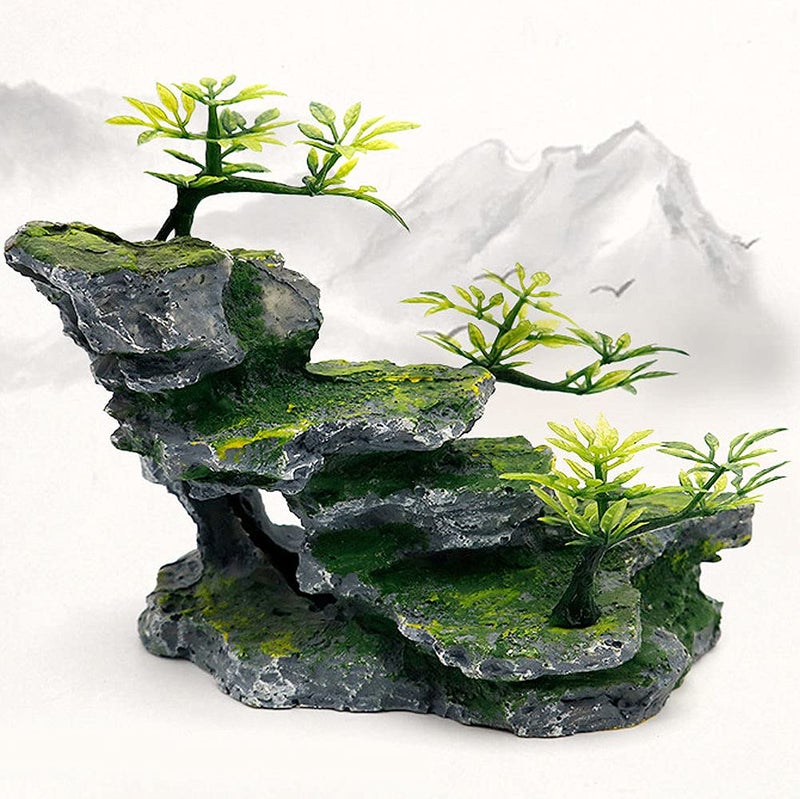 IBWell Aquarium Ornament, Mountain View Stone with Moss Tree Rock Cave Landscape Artificial Fish Tank Decoration - Image 3