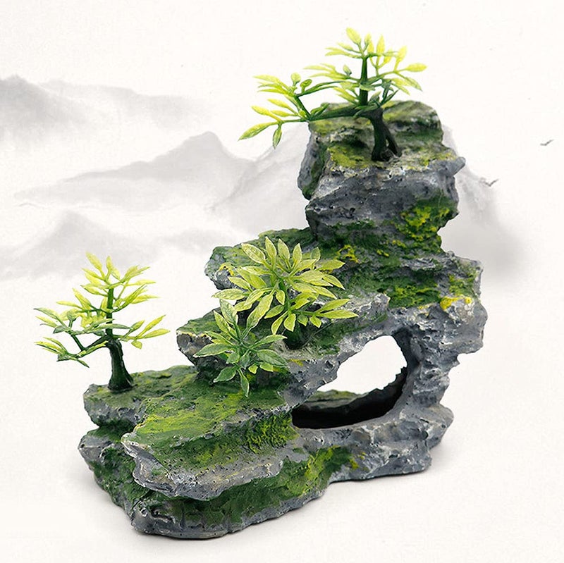 IBWell Aquarium Ornament, Mountain View Stone with Moss Tree Rock Cave Landscape Artificial Fish Tank Decoration - Image 4