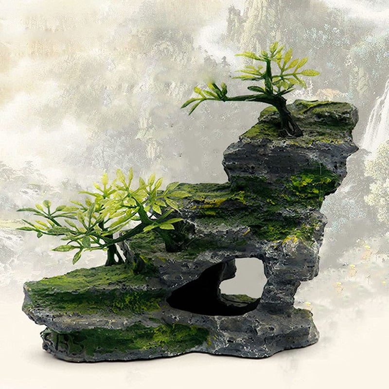 IBWell Aquarium Ornament, Mountain View Stone with Moss Tree Rock Cave Landscape Artificial Fish Tank Decoration - Image 5
