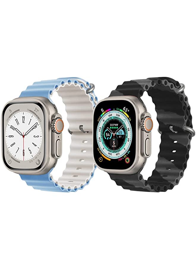 vesus - Silicone Ocean Band Strap for Apple Watch Ultra 8 49mm Sky Blue/White Double Side Strap with Black/Gray Double Line Strap Set of 2 - Image 1