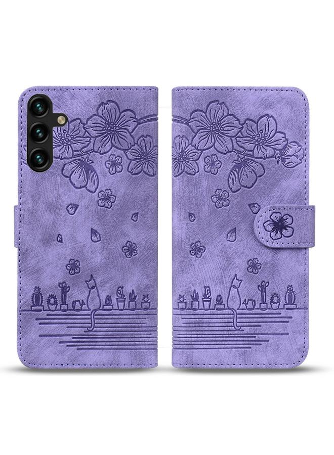 S-TOP Case For Samsung Galaxy S24 5G Cartoon Sakura Cat Embossed Leather Phone Case - Image 2
