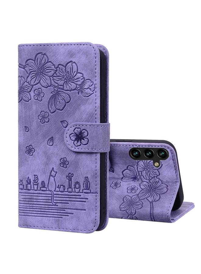 S-TOP Case For Samsung Galaxy S24 5G Cartoon Sakura Cat Embossed Leather Phone Case - Image 1