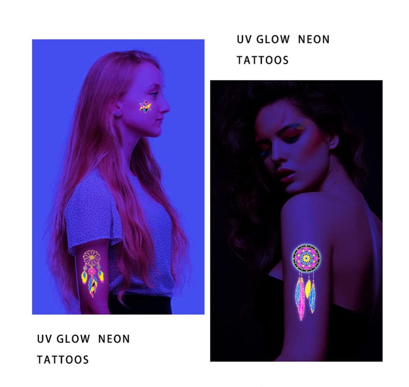 S.A.V.I Neon Temporary Tattoos, Glow UV Neon Body Face Skin Large Tattoo, Colorful Feathers, Tattoos Flash Fake Waterproof Tattoo Stickers for Women Men Girls Body Art, Size- 21x15CM - Image 3