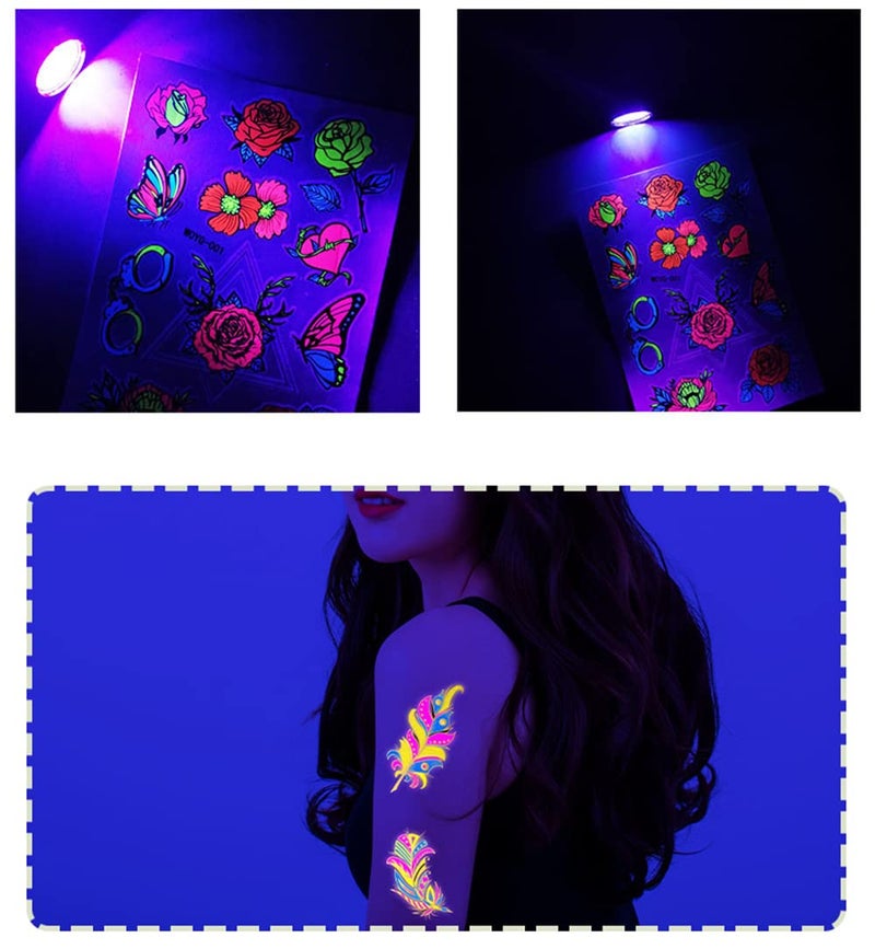 S.A.V.I Neon Temporary Tattoos, Glow UV Neon Body Face Skin Large Tattoo, Colorful Feathers, Tattoos Flash Fake Waterproof Tattoo Stickers for Women Men Girls Body Art, Size- 21x15CM - Image 2
