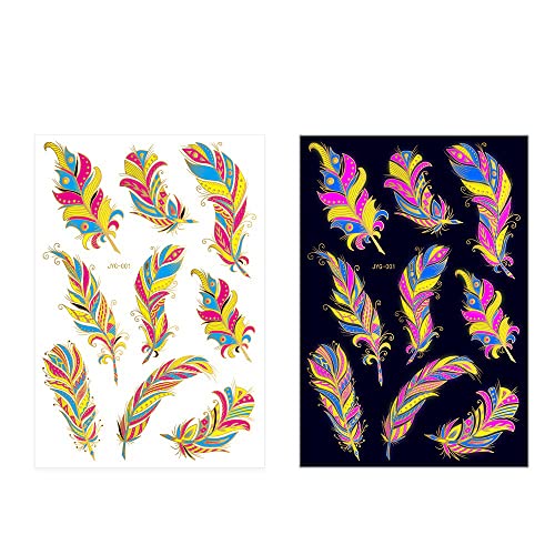 S.A.V.I Neon Temporary Tattoos, Glow UV Neon Body Face Skin Large Tattoo, Colorful Feathers, Tattoos Flash Fake Waterproof Tattoo Stickers for Women Men Girls Body Art, Size- 21x15CM - Image 1