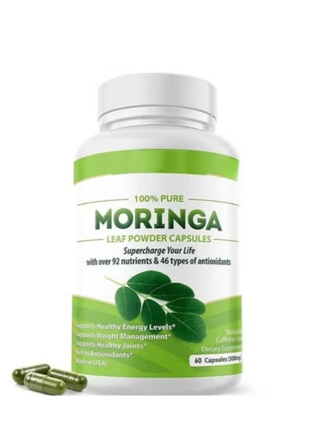 مورينجا 60 كبسولة، كبسولات أوراق المورينغا العضوية أحادية المصدر، 500 ملجم، أطعمة فائقة الجودة غنية بالمغذيات، تعزز الطاقة والتمثيل الغذائي والمناعة، غير معدلة وراثيًا، نباتية - Image 1
