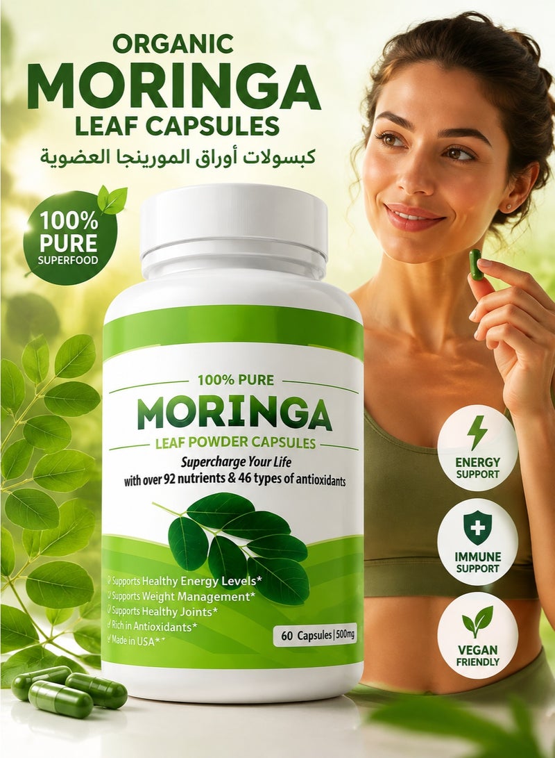 Moringa 60 Capsules, Organic Single-Origin Moringa Leaf Capsules, 500mg, Nutrient-Dense Superfood, Boosts Energy, Metabolism and Immunity, Non-GMO, Vegan​ - Image 1
