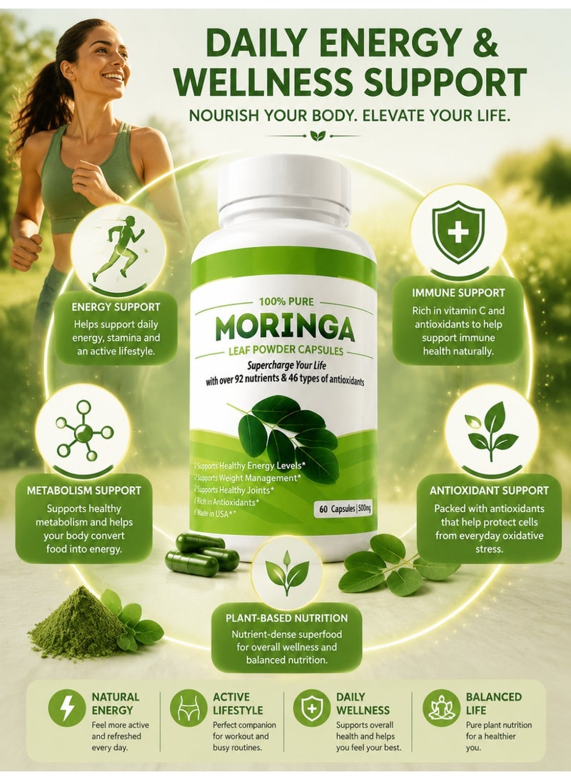 Moringa 60 Capsules, Organic Single-Origin Moringa Leaf Capsules, 500mg, Nutrient-Dense Superfood, Boosts Energy, Metabolism and Immunity, Non-GMO, Vegan​ - Image 3