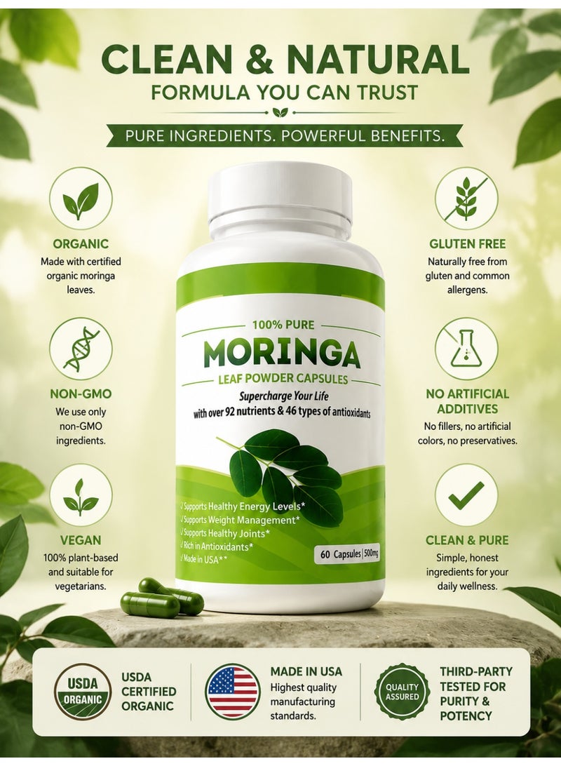 Moringa 60 Capsules, Organic Single-Origin Moringa Leaf Capsules, 500mg, Nutrient-Dense Superfood, Boosts Energy, Metabolism and Immunity, Non-GMO, Vegan​ - Image 4