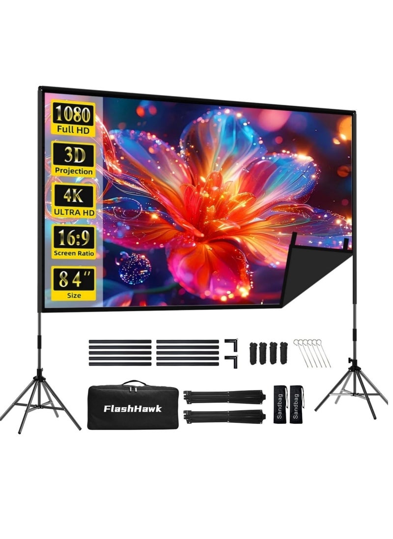 FlashHawk Projector Screen -84 inch 16:9 4K HD Portable Outdoor Indoor Projector Screen with Stand Rear Front Projection Screen Lightweight Movie Screen with Four-Legged Frame Carry Bag for Home Theater  - Image 1