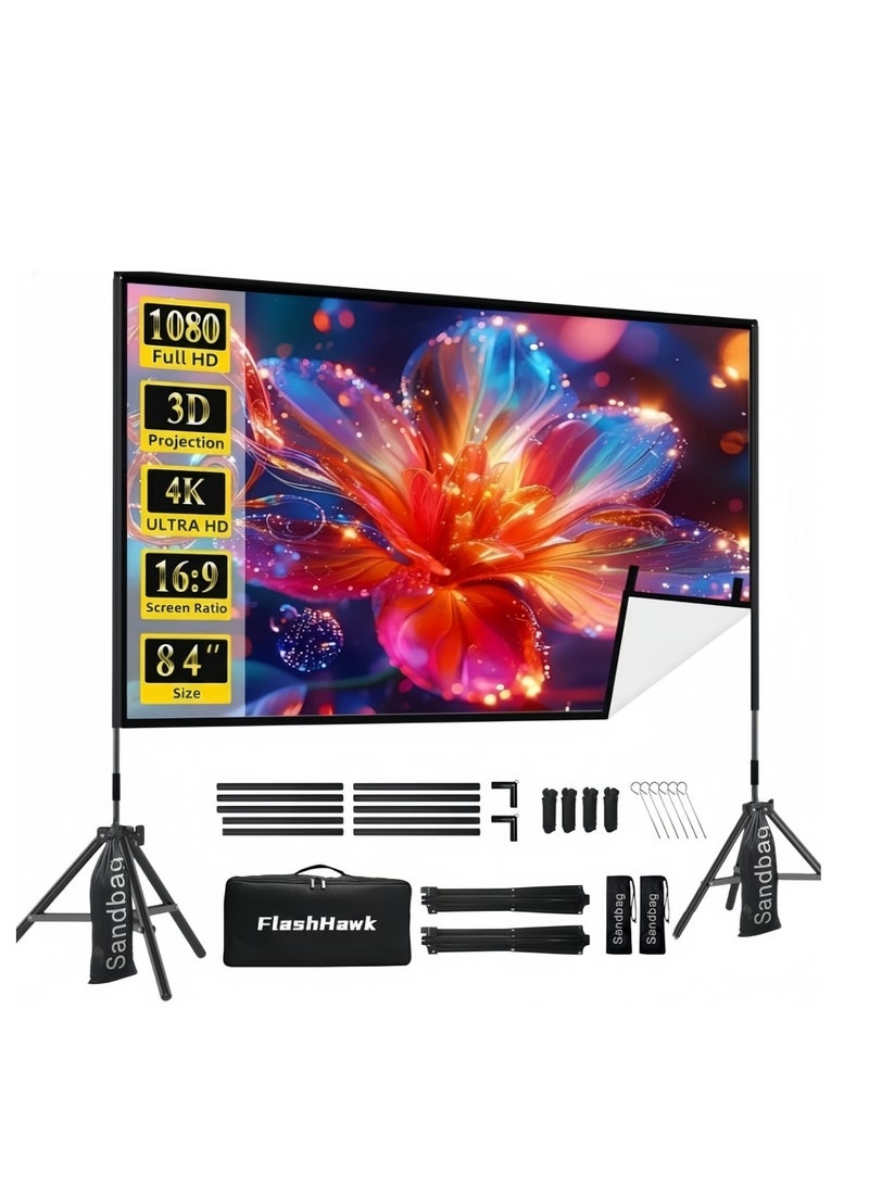 فلاشهوك شاشة عرض بروجكتر - 84 بوصة، 4K HD، 16:9، شاشة بروجكتر مع حامل متنقلة للاستخدام الخارجي والداخلي، شاشة عرض أمامية خلفية، شاشة عرض أفلام خفيفة الوزن مع إطار رباعي الأرجل، حقيبة حمل للسينما المنزلية شاشة البروجكتر - Image 1