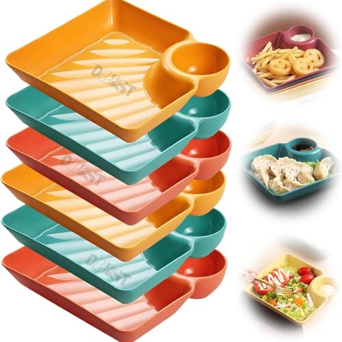 DLEST 6 Pcs Plastic Platters Set, Dumpling Plate/Tray with Round Dip Part, Divided Snack Serving Dishes for Serving Nachos, Momos, Snacks and Kebabs, Reusable and BPA-Free (6 Mix - 400 Gram) - Image 1