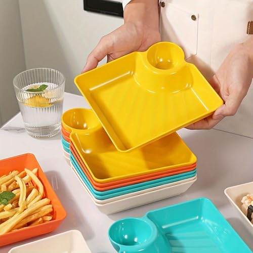 DLEST 6 Pcs Plastic Platters Set, Dumpling Plate/Tray with Round Dip Part, Divided Snack Serving Dishes for Serving Nachos, Momos, Snacks and Kebabs, Reusable and BPA-Free (6 Mix - 400 Gram) - Image 2