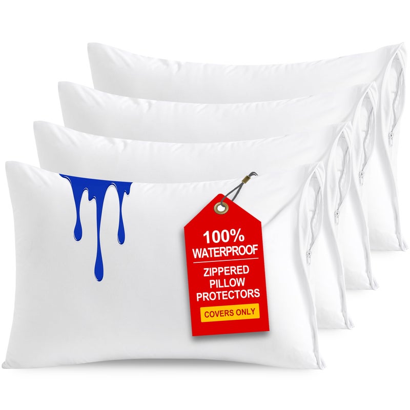 NTBAY 4 Pack Zippered Waterproof Standard Pillow Protectors Super Soft Quiet Zip Pillow Protectors 20x26 Inches Jersey Pure White Waterproof Pillow Cases Covers