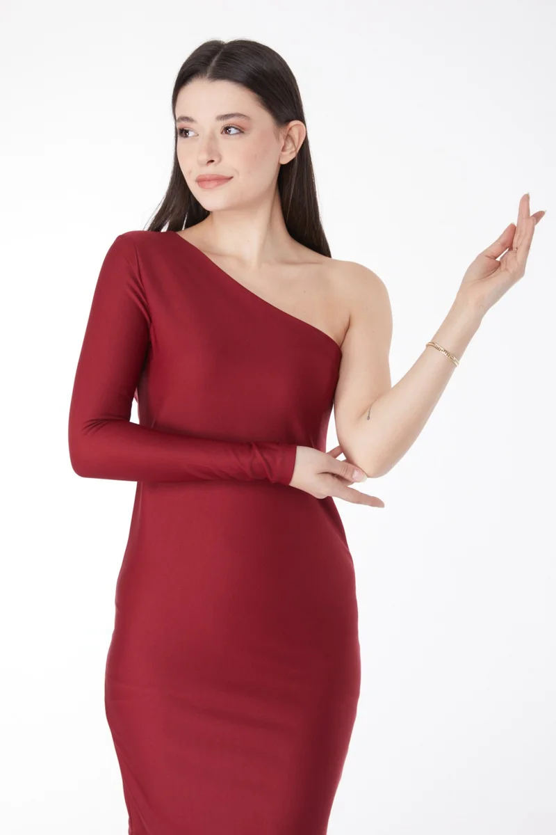 Tofisa Plain Medium Women Burgundy Mid Length Evening Dress - 13174