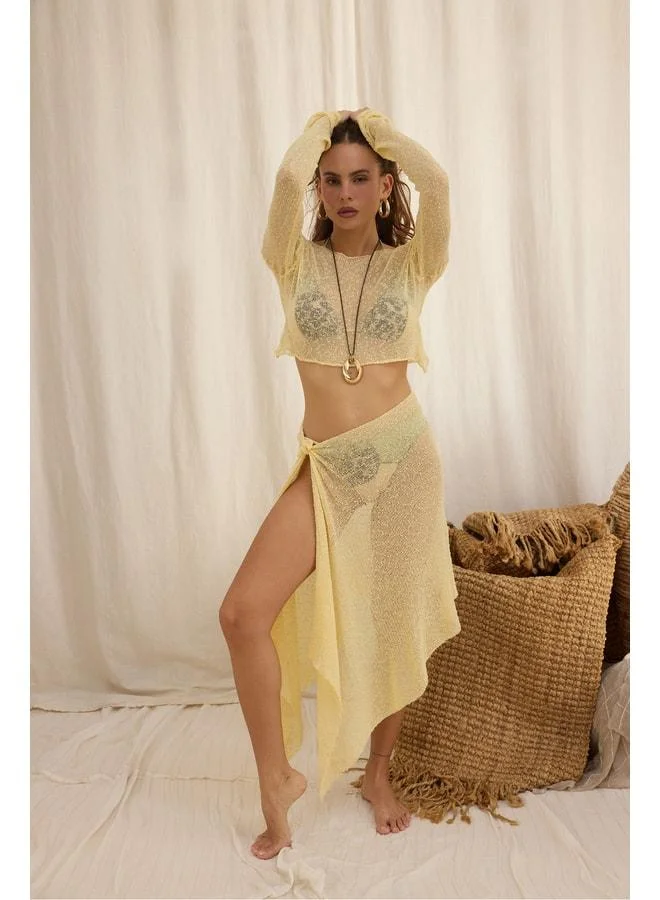 Minori Knotted Yellow Knit Pareo Shawl.