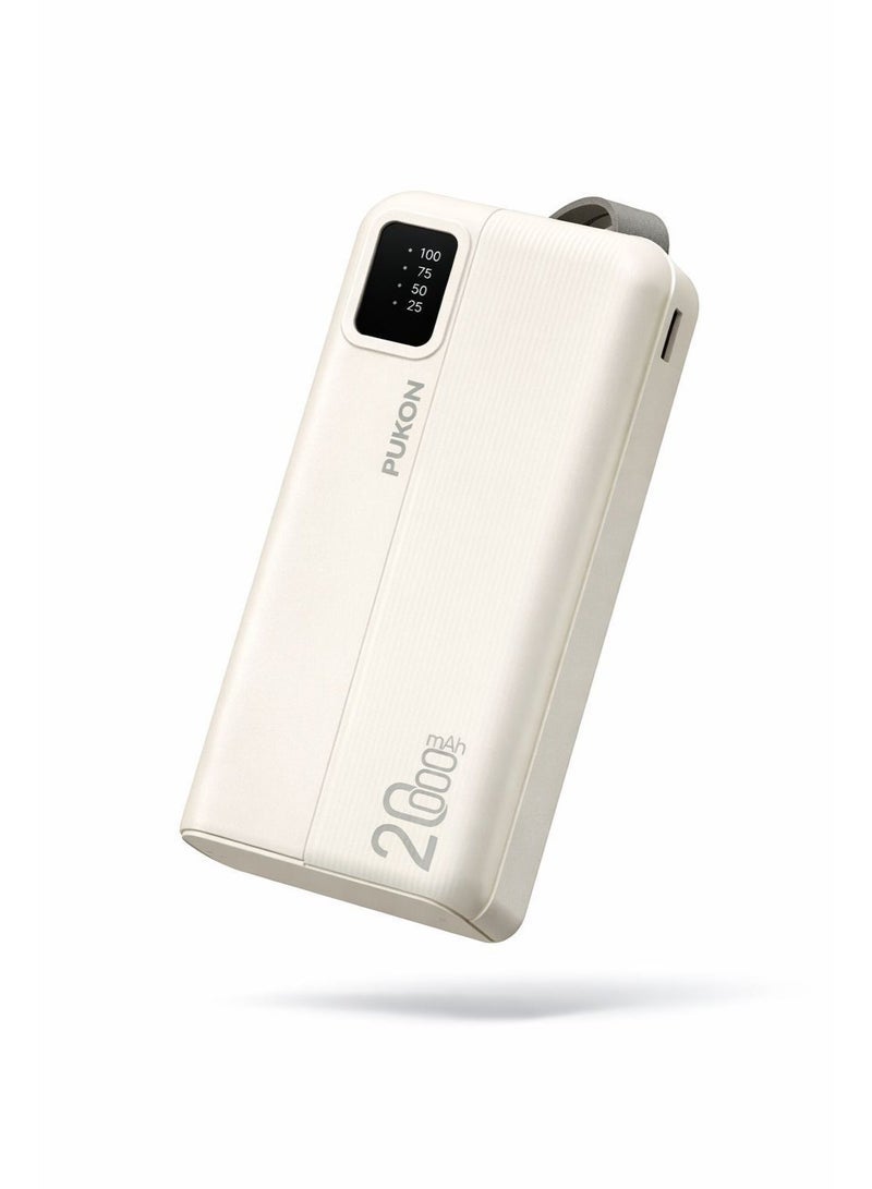 PUKON 20000mAh Power Bank With Built-In Lightning Type-C & Micro USB Cables Fast Charging Portable Charger With LED Display & Carry Strap Beige 1 Year Warranty - Image 4