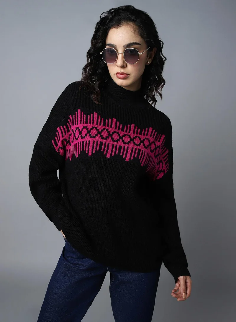 Women's Black 100% Acrylic Regular Fit Sweater