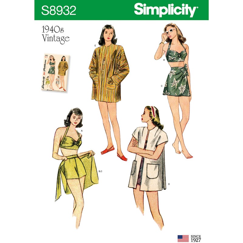 Simplicity Sewing Pattern S8932 Misses Vintage Bikini Top Shorts Wrap Skirt and Coat Paper White Various