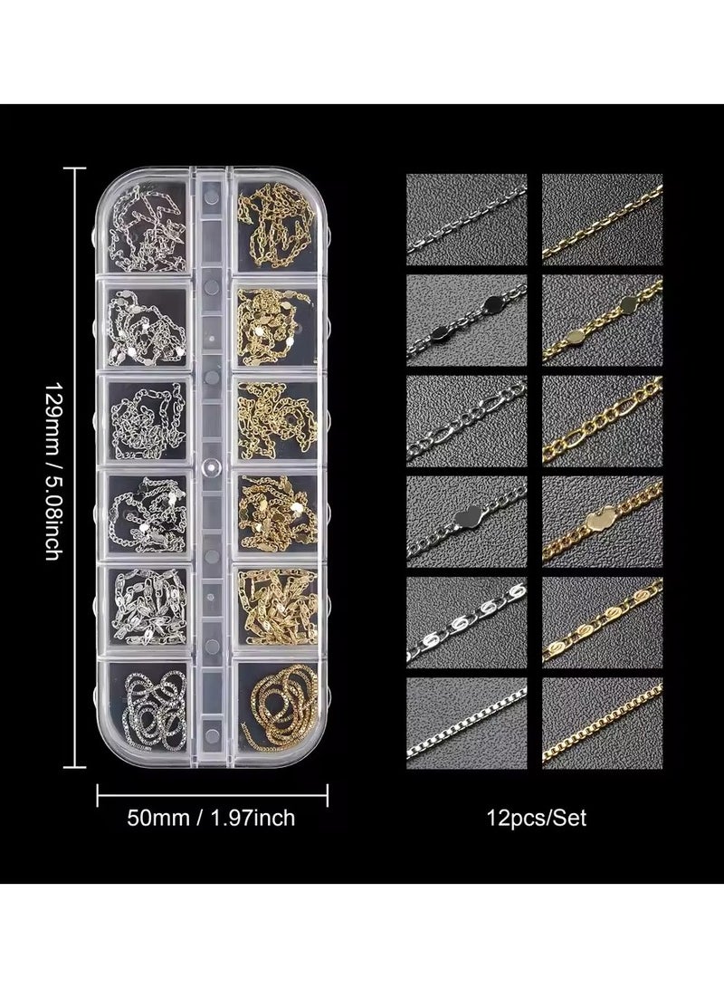 جلوسكي 12 شبكات سلسلة الأظافر المعدنية Y2K الذهب والأظافر الفضية أساليب جوف بونك سحر المجوهرات مختلطة الفخامة الأظافر ديكور الملحقات - Image 1