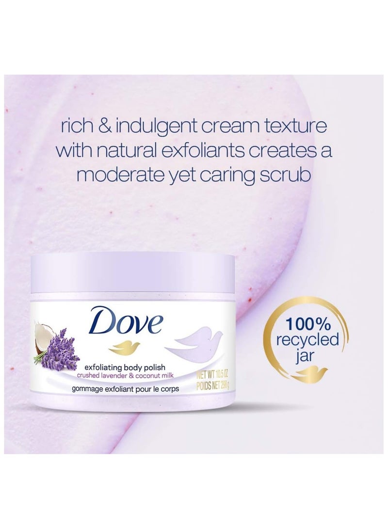 Dove Exfoliating Body Polish, 298g | Crushed Lavender & Coconut Milk | Gently Exfoliates & Moisturizes Skin | Silky Smooth & Nourished Body Scrub - Image 3