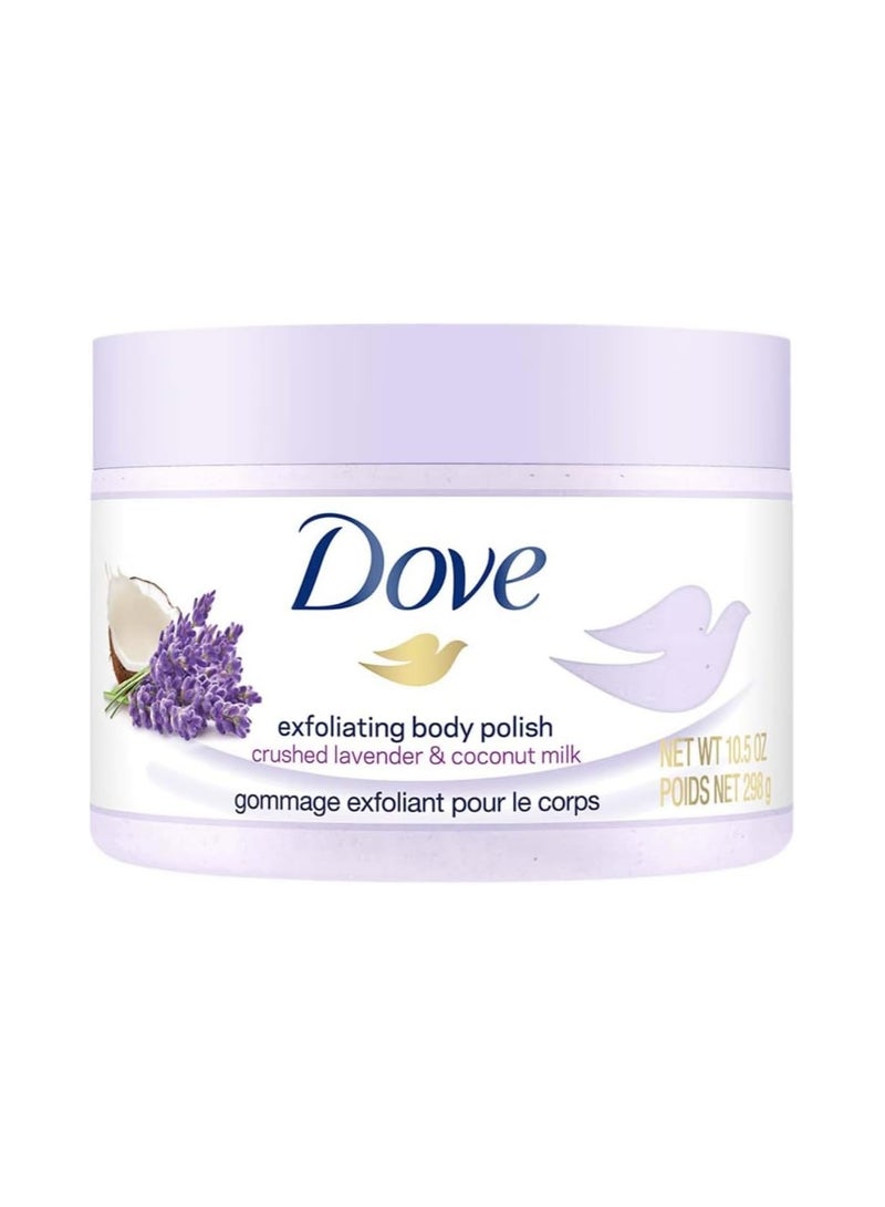 Dove Exfoliating Body Polish, 298g | Crushed Lavender & Coconut Milk | Gently Exfoliates & Moisturizes Skin | Silky Smooth & Nourished Body Scrub - Image 1