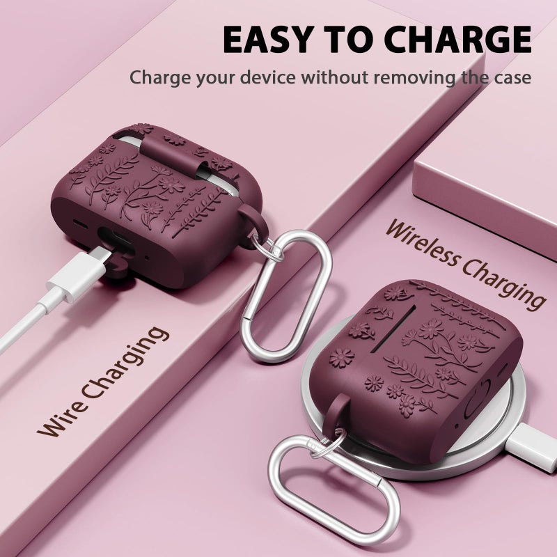 AIRSPO for AirPods Pro 3 Case (2025), Compatible with Airpod Pro 3rd Generation Case, 3D Floral Embossed Soft Silicone Protective Cover, Featuring a Cleaner Kit and Keychain (Wine Red) - Image 5