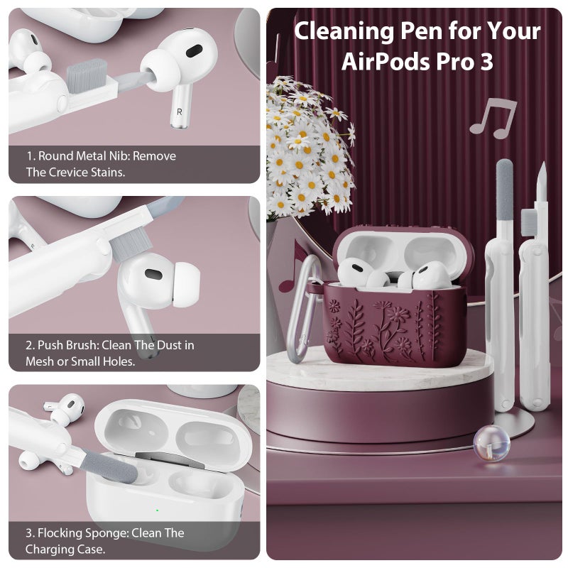AIRSPO for AirPods Pro 3 Case (2025), Compatible with Airpod Pro 3rd Generation Case, 3D Floral Embossed Soft Silicone Protective Cover, Featuring a Cleaner Kit and Keychain (Wine Red) - Image 4
