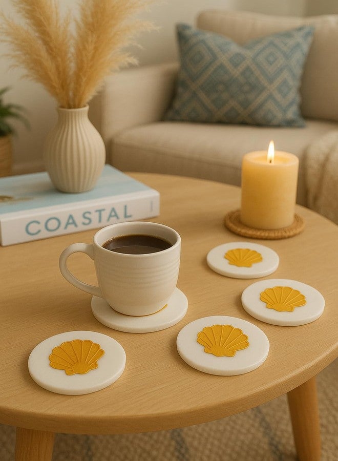 THE EMPTY SPACES The Empty Space Sea-Shell Marble Coaster in Golden Inlay. Set of 4 Luxe Designer Coasters for Tea Coffee or Cocktials. Suitable for All Kinds of Cups. Perfect for Gifting. - Image 1
