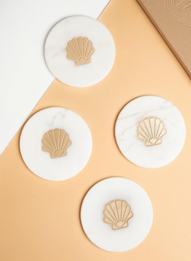 THE EMPTY SPACES The Empty Space Sea-Shell Marble Coaster in Golden Inlay. Set of 4 Luxe Designer Coasters for Tea Coffee or Cocktials. Suitable for All Kinds of Cups. Perfect for Gifting. - Image 2