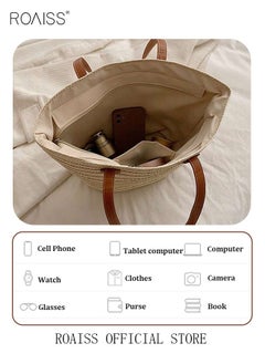 roaiss Women Straw Woven Shoulder Bag Summer Beach Travel Crossbody Handbag Classics Satchel Purse Woven Handbags Women Straw Tote Bag with Zip Woven Basket Bags  - Image 4