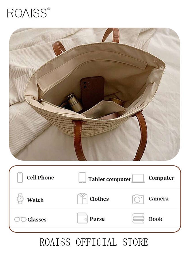 roaiss Women Straw Woven Shoulder Bag Summer Beach Travel Crossbody Handbag Classics Satchel Purse Woven Handbags Women Straw Tote Bag with Zip Woven Basket Bags  - Image 4
